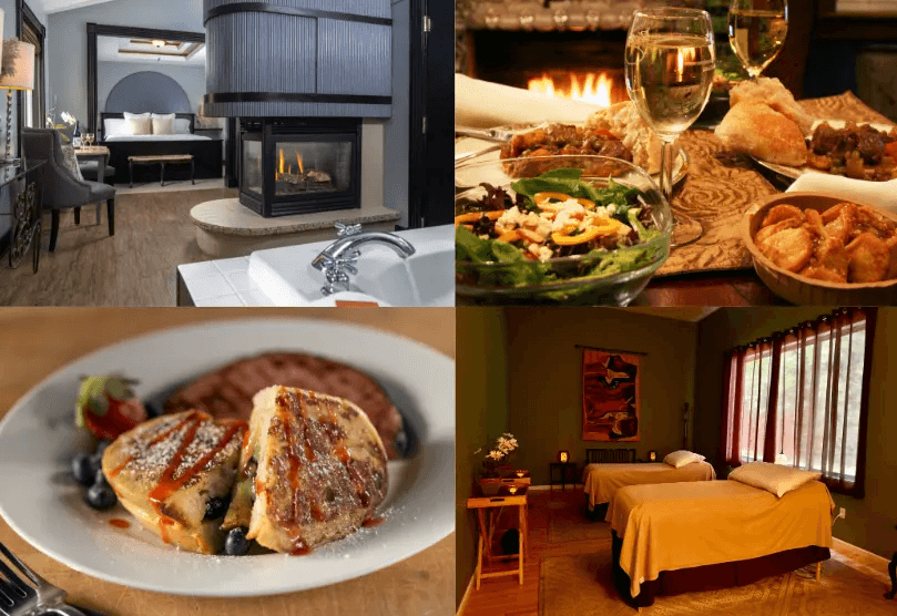 A luxurious getaway featuring a cozy fireplace, gourmet meals, and a tranquil spa setting.
