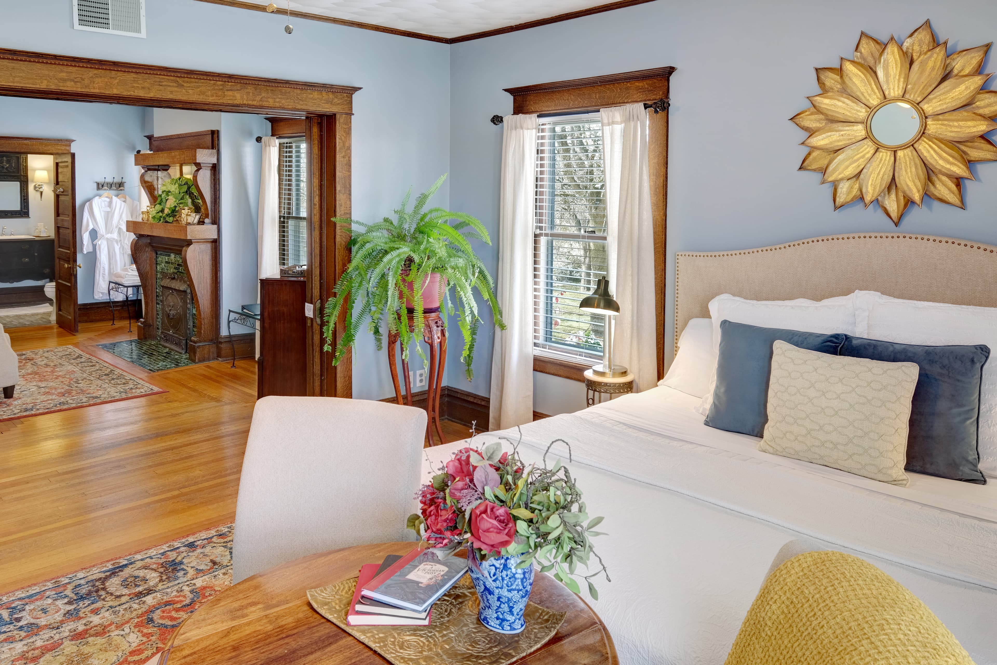 3 room Suite with king bed, table/chairs, breakfast tray, sitting area, wood burning fireplace