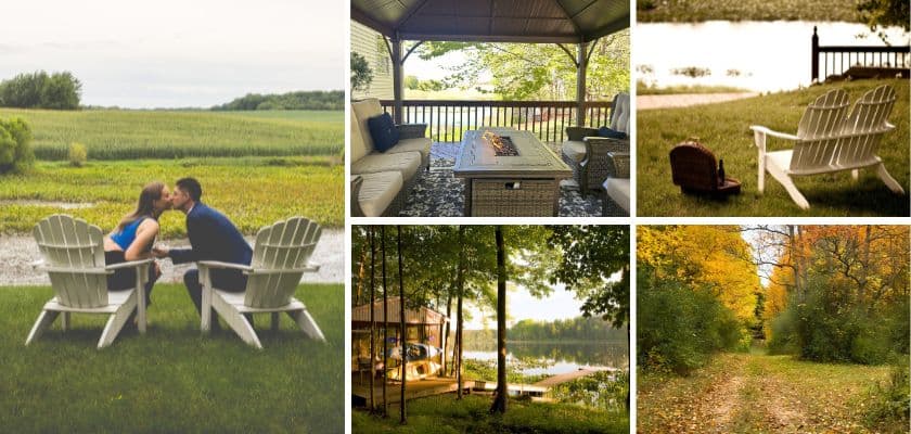 A couple relaxing near the pond at Castle in the Country with fire pit seating, Emerson Lake, and wooded trails around the property.