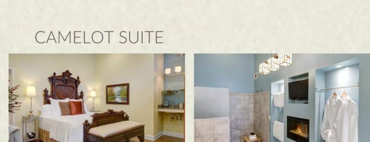 king bed and bath shower, tub, and fireplace in the camelot suite at castle in the country