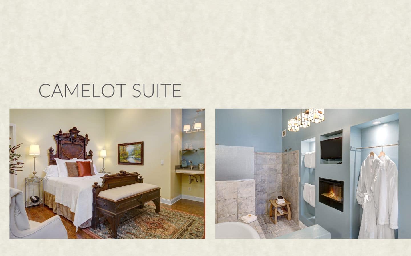 king bed and bath shower, tub, and fireplace in the camelot suite at castle in the country