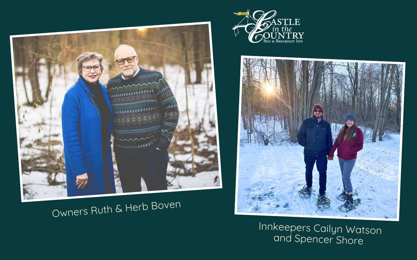 owners ruth and herb boven standing just outside of castle keep on a snowy day and innkeepers cailyn watson and spencer shore with snowshoes on showy trail